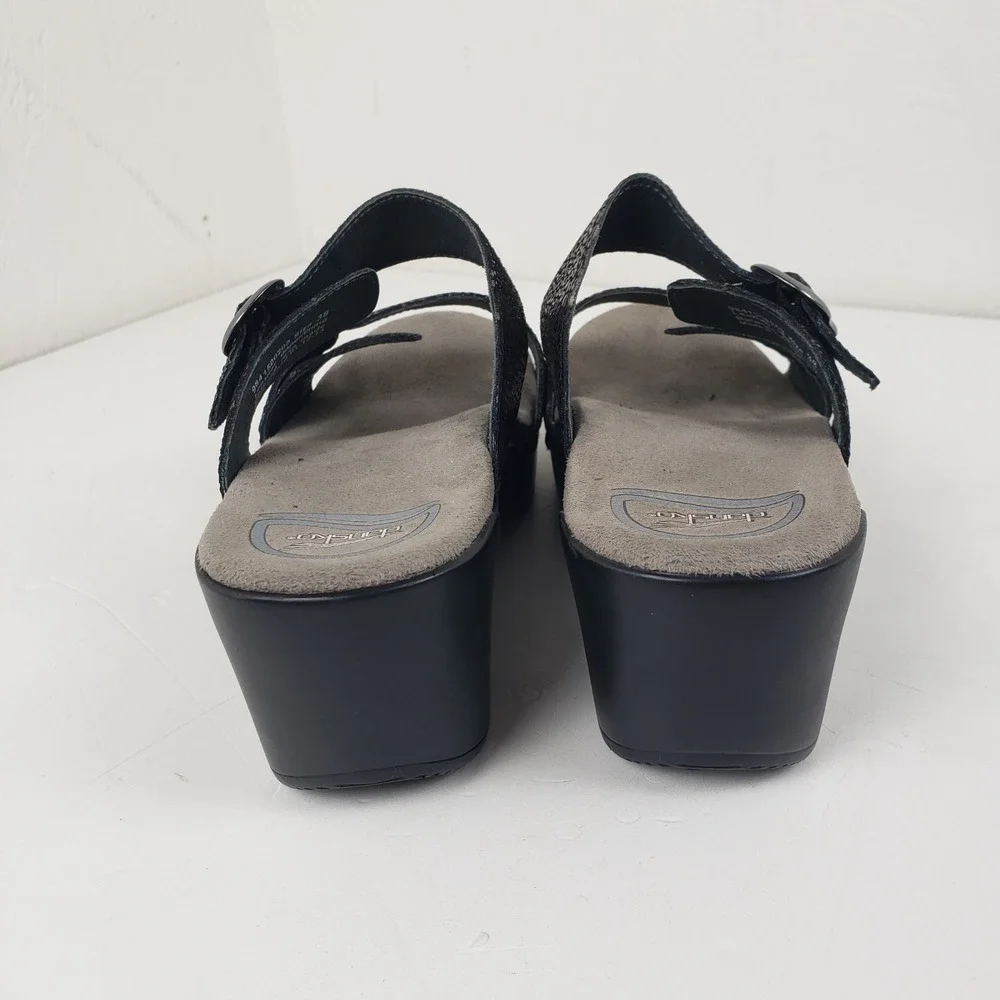 Dansko Sophie Womens 38 Metallic Leopard Print Leather Wedge Slide Sandals Black